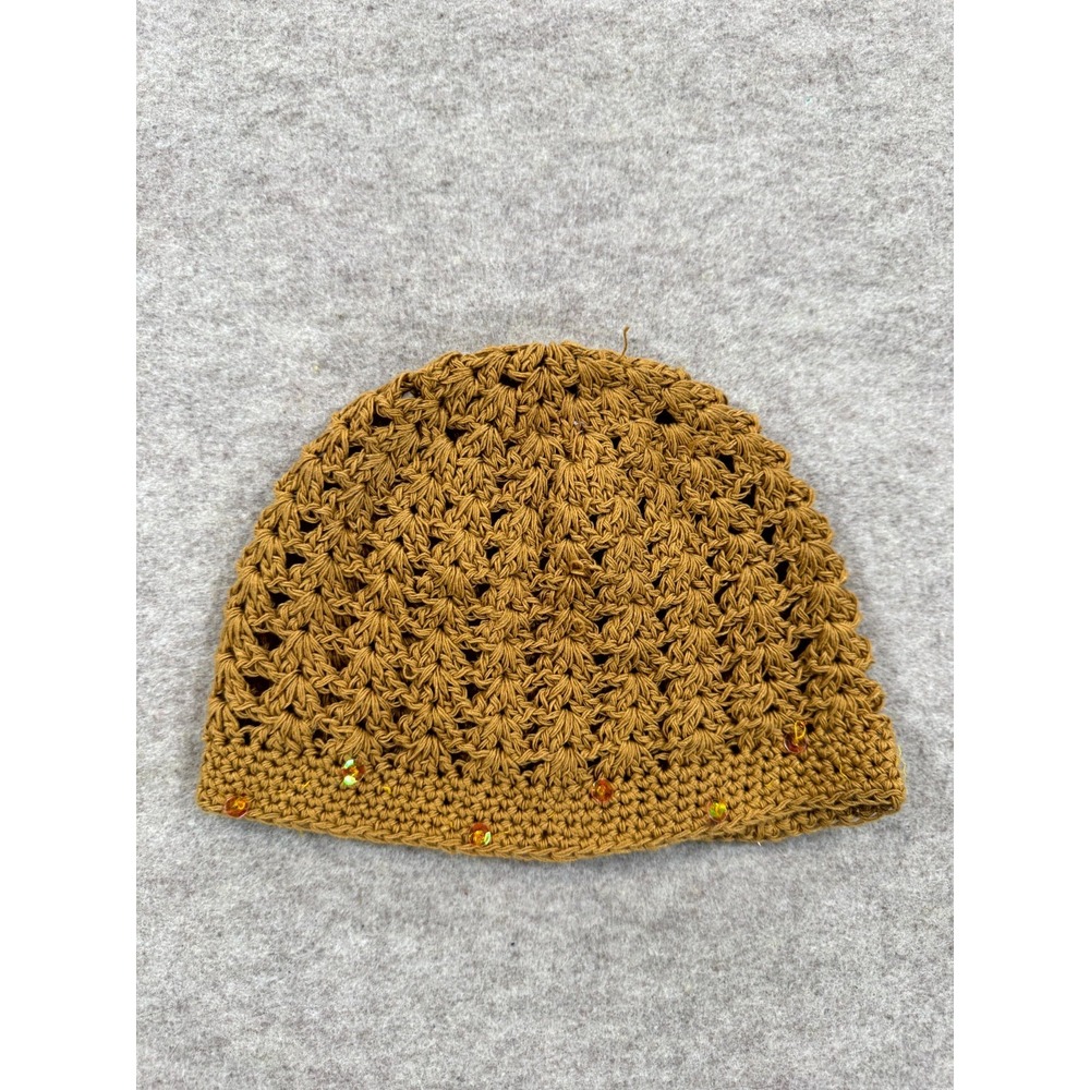 Handmade Crochet Beanie Hat Womens Mustard Beaded Detail Open Knit Winter Wear